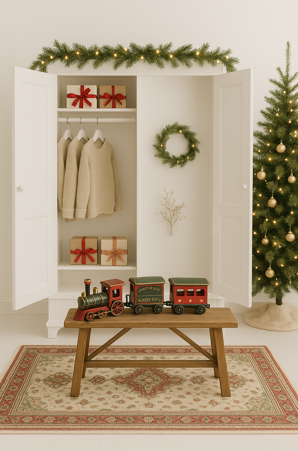 Armario blanco con ropa, regalos y un tren de juguete sobre una mesa en un entorno navideño.